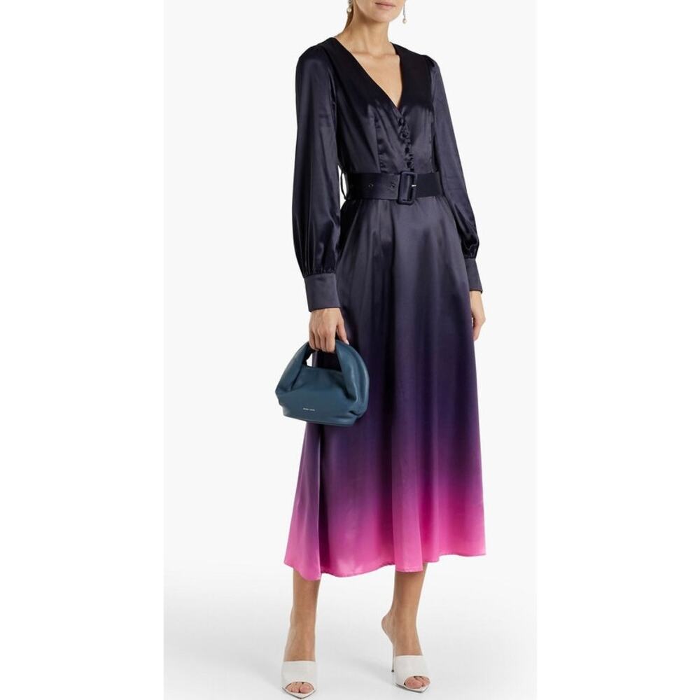 Olivia Rubin Victoria Ombre Satin Belted Midi Dress Navy Pink Size 2 NWT